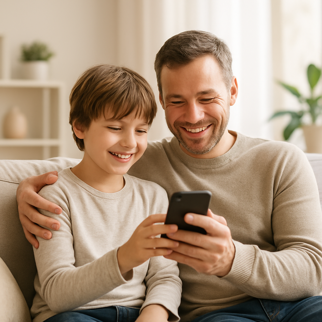 A parent and child looking at a phone together at home